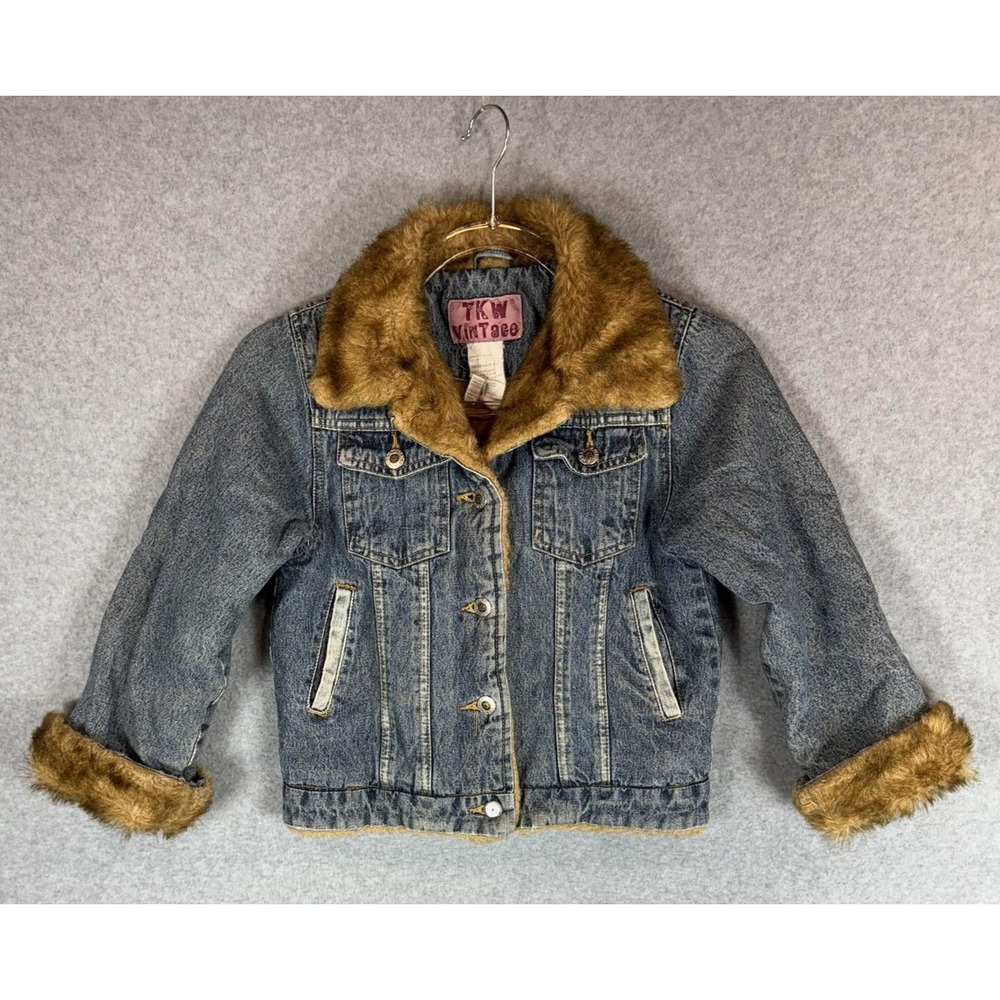 TKW Vintage Denim Jacket Womens Small Blue Faux Fur Lined Sherpa 90s Y2K Grunge